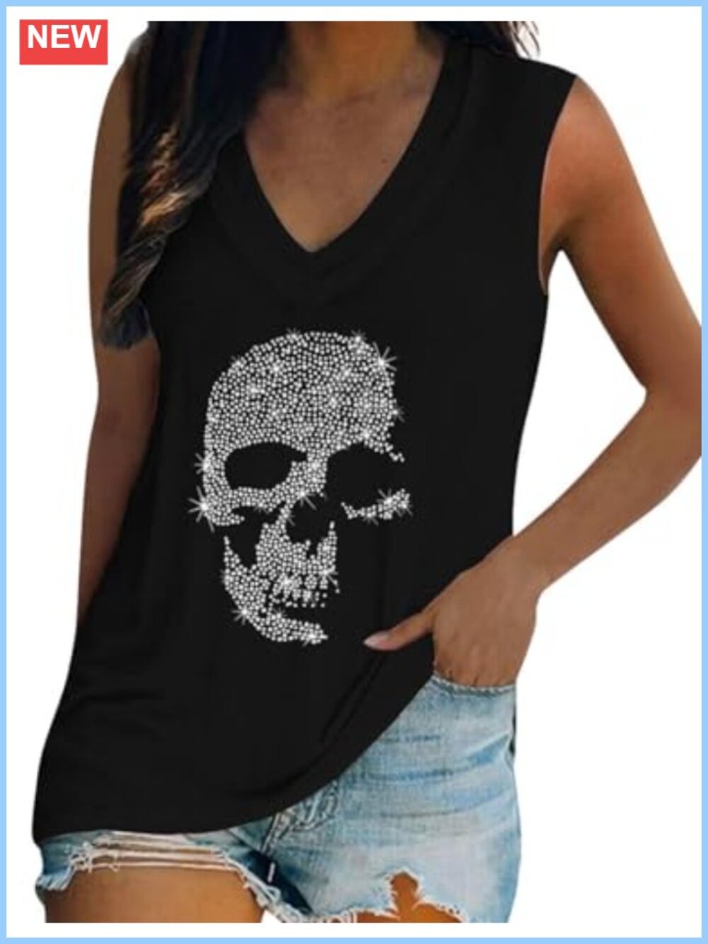 Rhinestone Skull Graphic Tank Top Loose Fit V Neck Sleeveless Tee Shirt
